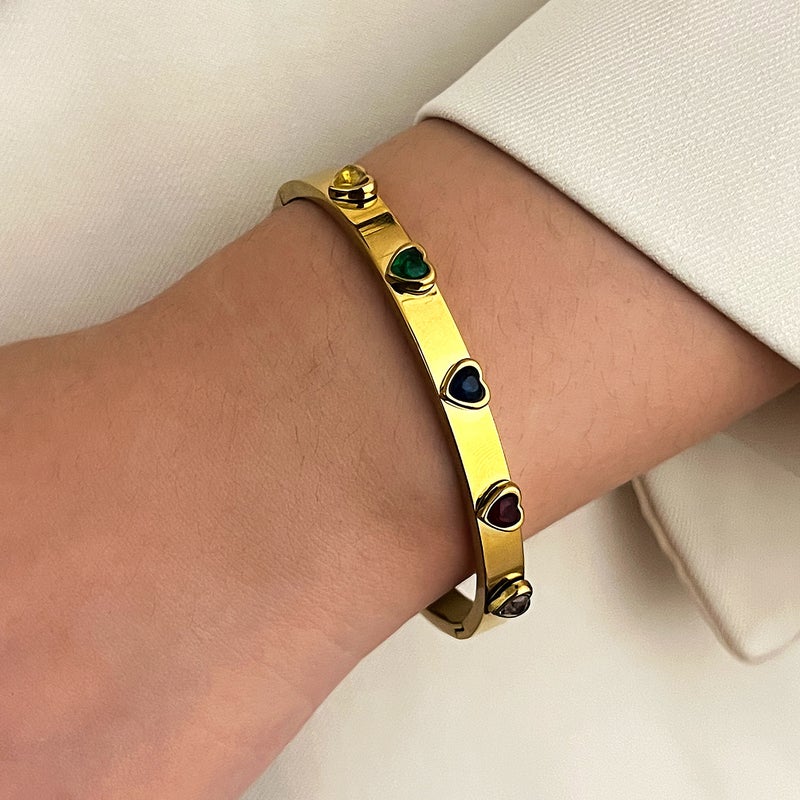 ofeankri European and American Style Stainless Steel Bracelet Set with Devil's Eye, Diamond-Inlaid Heart Design, Colorfast Open Cuff - Wholesale - Image 3