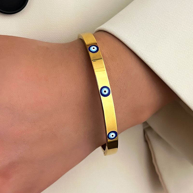 ofeankri European and American Style Stainless Steel Bracelet Set with Devil's Eye, Diamond-Inlaid Heart Design, Colorfast Open Cuff - Wholesale - Image 4