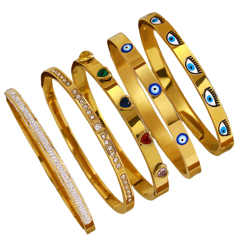 ofeankri European and American Style Stainless Steel Bracelet Set with Devil's Eye, Diamond-Inlaid Heart Design, Colorfast Open Cuff - Wholesale - Image 5