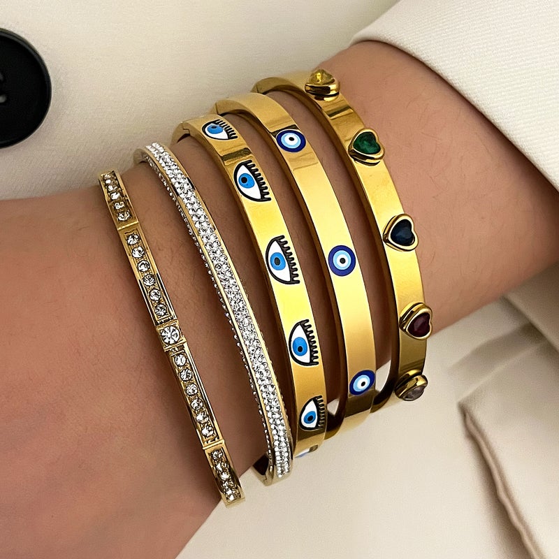 ofeankri European and American Style Stainless Steel Bracelet Set with Devil's Eye, Diamond-Inlaid Heart Design, Colorfast Open Cuff - Wholesale - Image 1