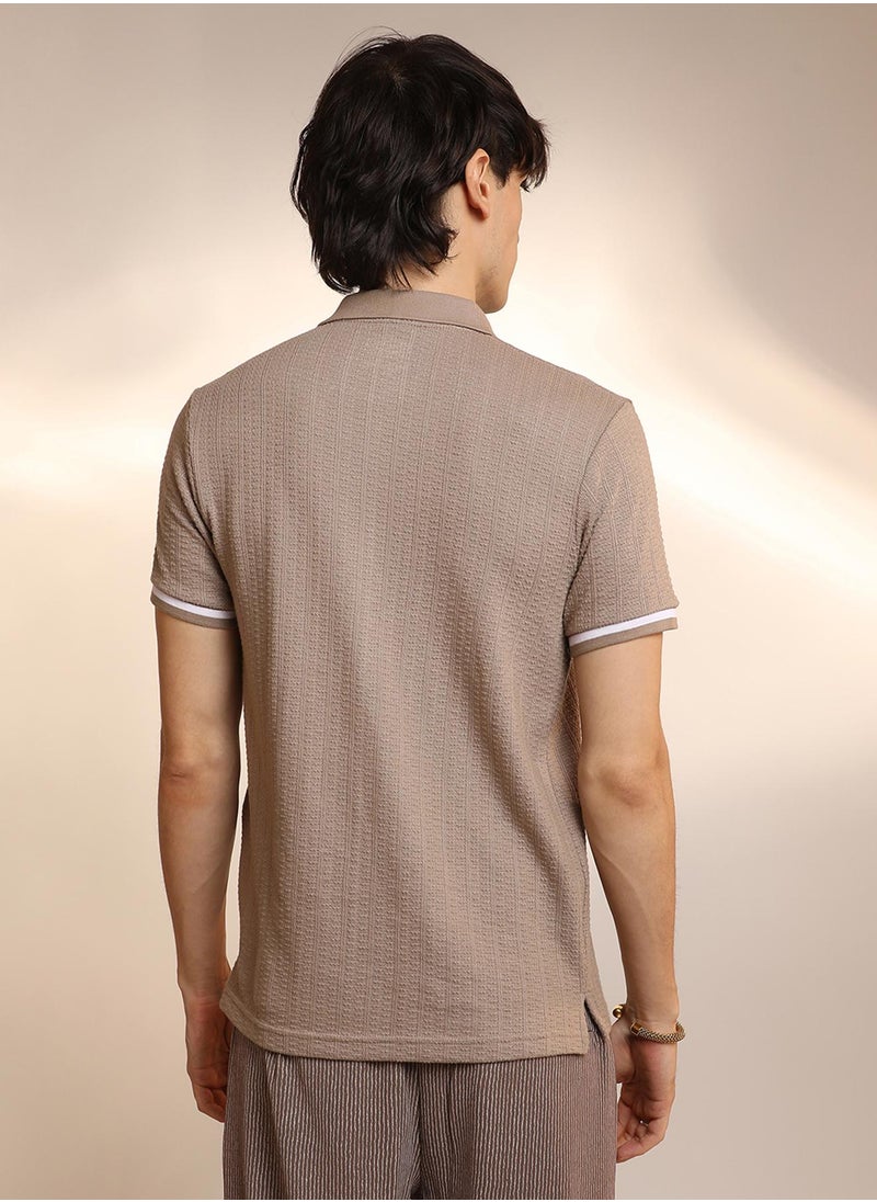 Campus Sutra Men's Hazelnut Beige Textured Polo T-Shirt  - Image 3
