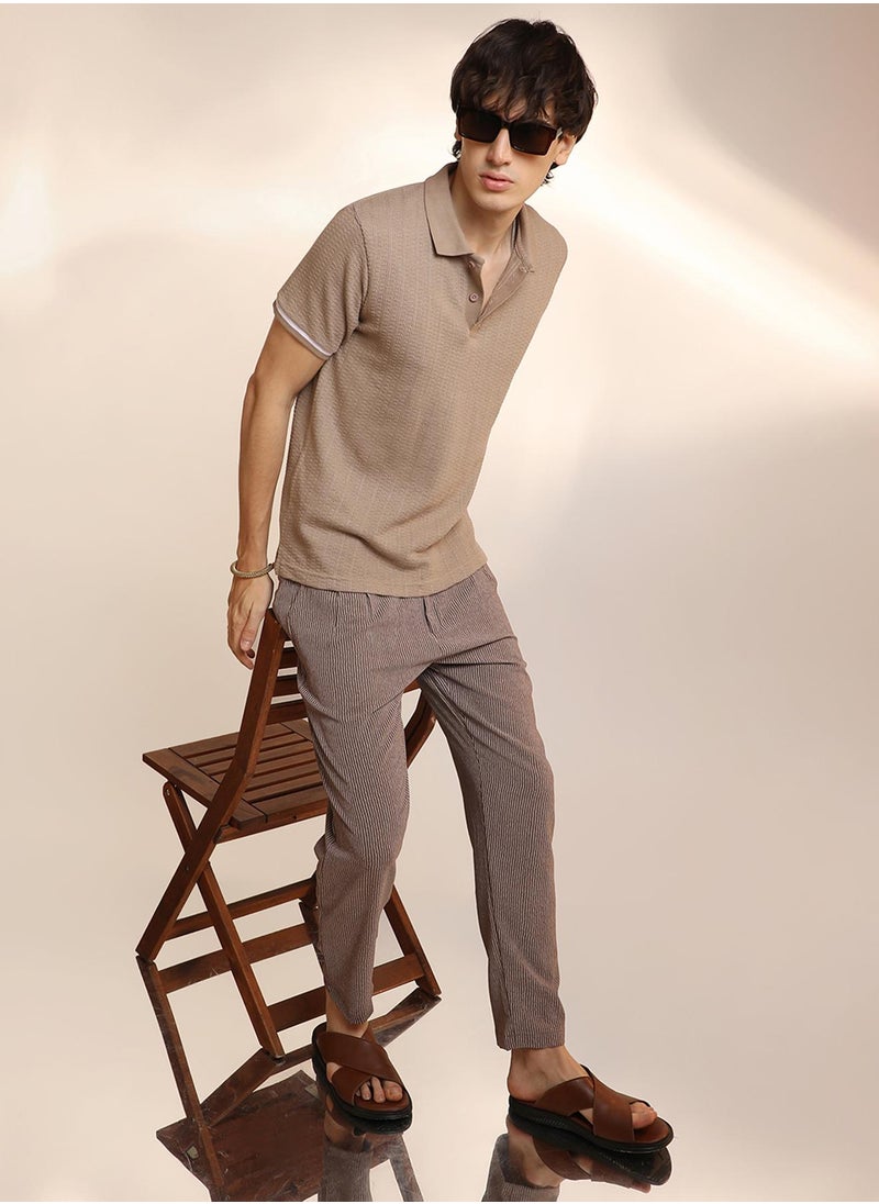 Campus Sutra Men's Hazelnut Beige Textured Polo T-Shirt  - Image 5