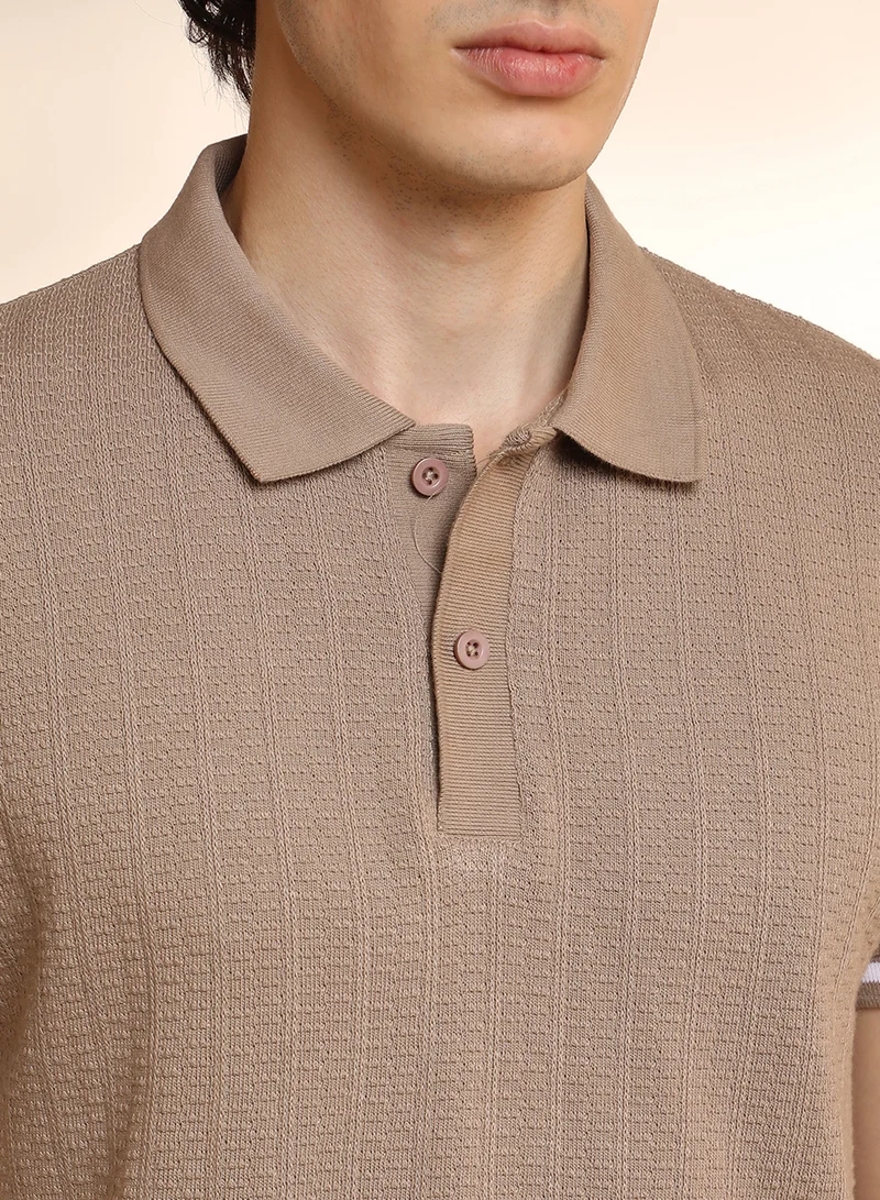 Campus Sutra Men's Hazelnut Beige Textured Polo T-Shirt