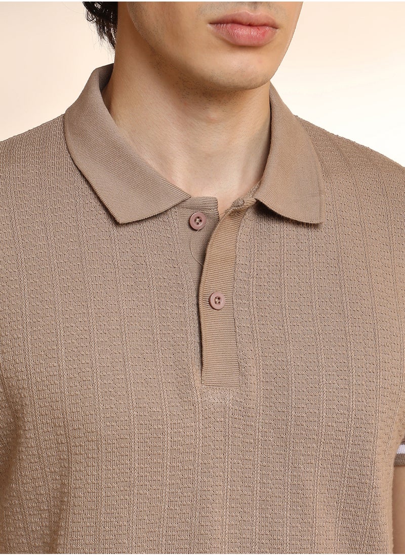 Campus Sutra - Men's Hazelnut Beige Textured Polo T-Shirt - Image 1