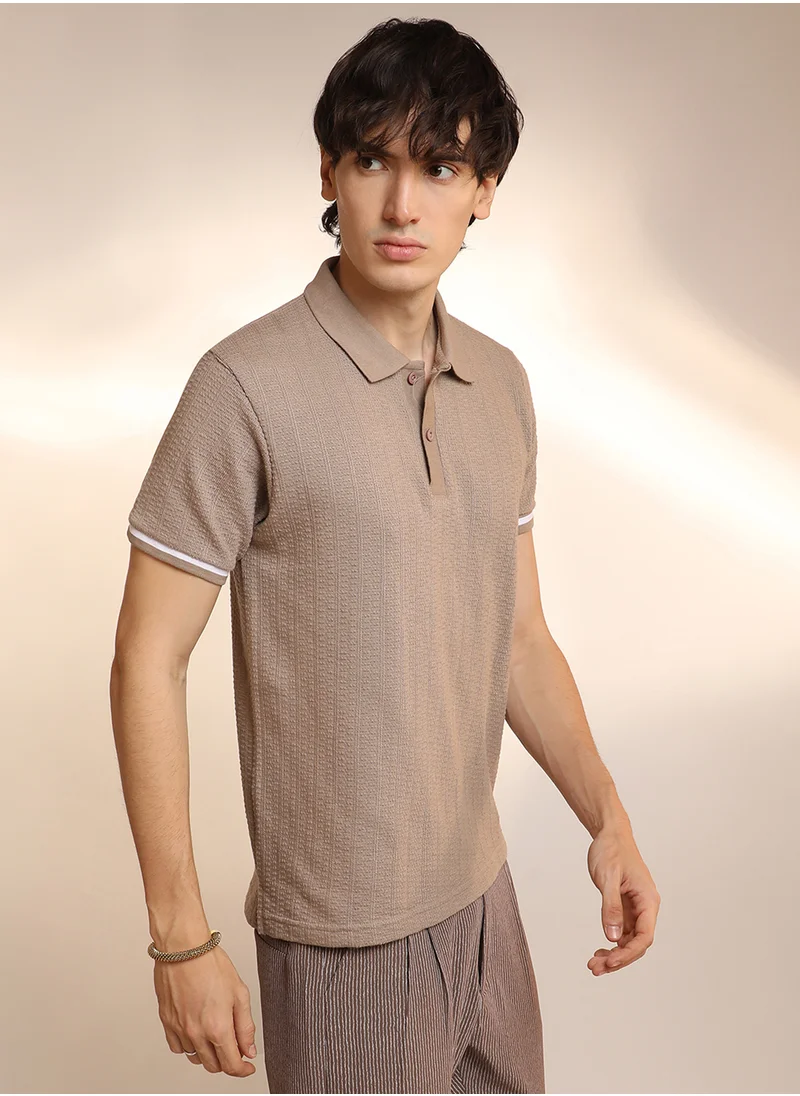 Campus Sutra Men's Hazelnut Beige Textured Polo T-Shirt