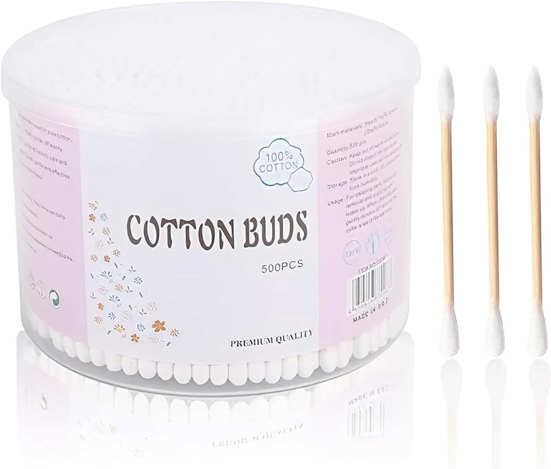 TAOKEY 500 Count Cotton Swabs Double-Tipped Round & Pointed Tips Cotton Wooden Sticks in Storage Box for Ear Cleaning Makeup Personal Care Cleaning Daily Use - Image 1