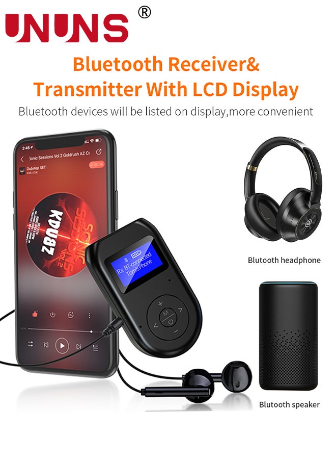 UNUNS - Bluetooth Transmitter Receiver,Low Latency 4-in-1 Bluetooth 5.0 Adapter With Display Screen,Wireless Aux Bluetooth Audio Adapter for Car/PC/TV/Speaker/Headphones/Home Stereo System - Image 1
