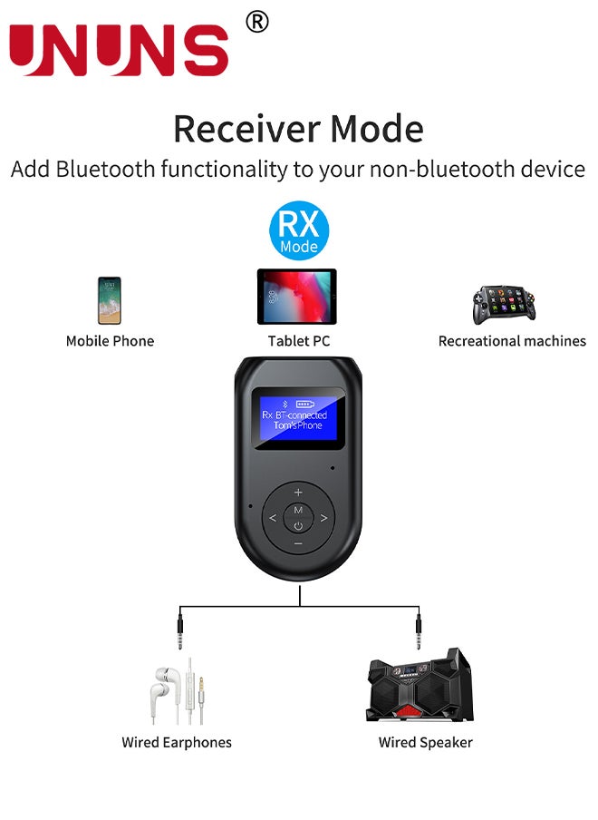UNUNS - Bluetooth Transmitter Receiver,Low Latency 4-in-1 Bluetooth 5.0 Adapter With Display Screen,Wireless Aux Bluetooth Audio Adapter for Car/PC/TV/Speaker/Headphones/Home Stereo System - Image 1