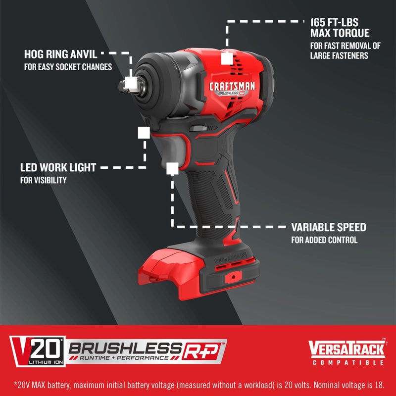 CRAFTSMAN V20 RP Cordless Impact Wrench, 3/8 inch Drive, Bare Tool Only (CMCF911B) - Image 2