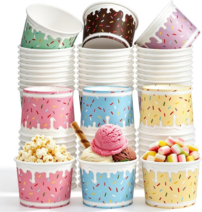 Aodaer 60 Pack Ice Cream Cups 8 Oz Sprinkles Paper Ice Cream Bowls 6 Color Disposable Snack Bowls Party Supplies Treat Cups for Sundae, Frozen Yogurt, Dessert - Image 1