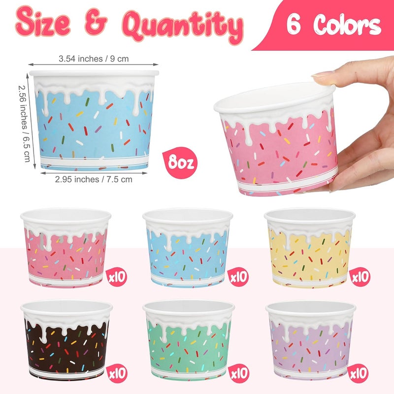 Aodaer 60 Pack Ice Cream Cups 8 Oz Sprinkles Paper Ice Cream Bowls 6 Color Disposable Snack Bowls Party Supplies Treat Cups for Sundae, Frozen Yogurt, Dessert - Image 2
