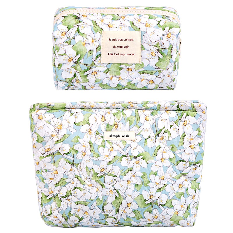 Sminra 2 Pcs Floral Makeup Bag Large Travel Cotton Quilted Cosmetic Makeup Bag Organizer Cute Coquette Aesthetic Zipper Portable Pouch Purse Storage Toiletry Bag for Women Girls accessories - Image 2