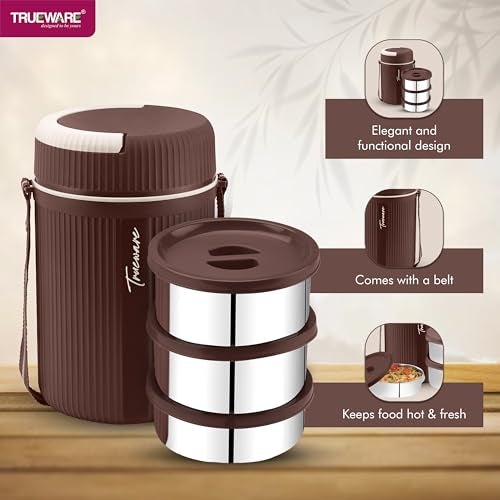 Trueware Plastic GRUB 2 Double Wall Insulated Hot Lunch Box With 2 SS Container 300 Ml Each & 1 SS Container 200Ml | BPA Free | Food Grade | Hot And Fresh Many Hours (Brown) - Image 4