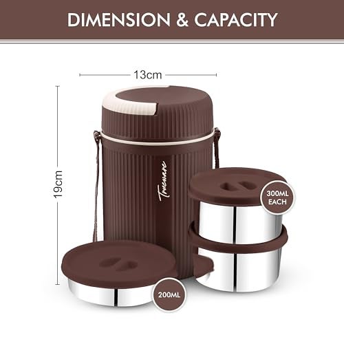 Trueware Plastic GRUB 2 Double Wall Insulated Hot Lunch Box With 2 SS Container 300 Ml Each & 1 SS Container 200Ml | BPA Free | Food Grade | Hot And Fresh Many Hours (Brown) - Image 3