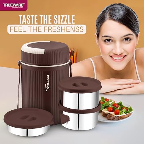 Trueware Plastic GRUB 2 Double Wall Insulated Hot Lunch Box With 2 SS Container 300 Ml Each & 1 SS Container 200Ml | BPA Free | Food Grade | Hot And Fresh Many Hours (Brown) - Image 2