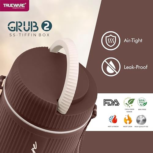 Trueware Plastic GRUB 2 Double Wall Insulated Hot Lunch Box With 2 SS Container 300 Ml Each & 1 SS Container 200Ml | BPA Free | Food Grade | Hot And Fresh Many Hours (Brown) - Image 5