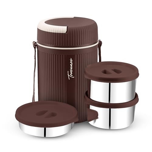 Trueware Plastic GRUB 2 Double Wall Insulated Hot Lunch Box With 2 SS Container 300 Ml Each & 1 SS Container 200Ml | BPA Free | Food Grade | Hot And Fresh Many Hours (Brown) - Image 1