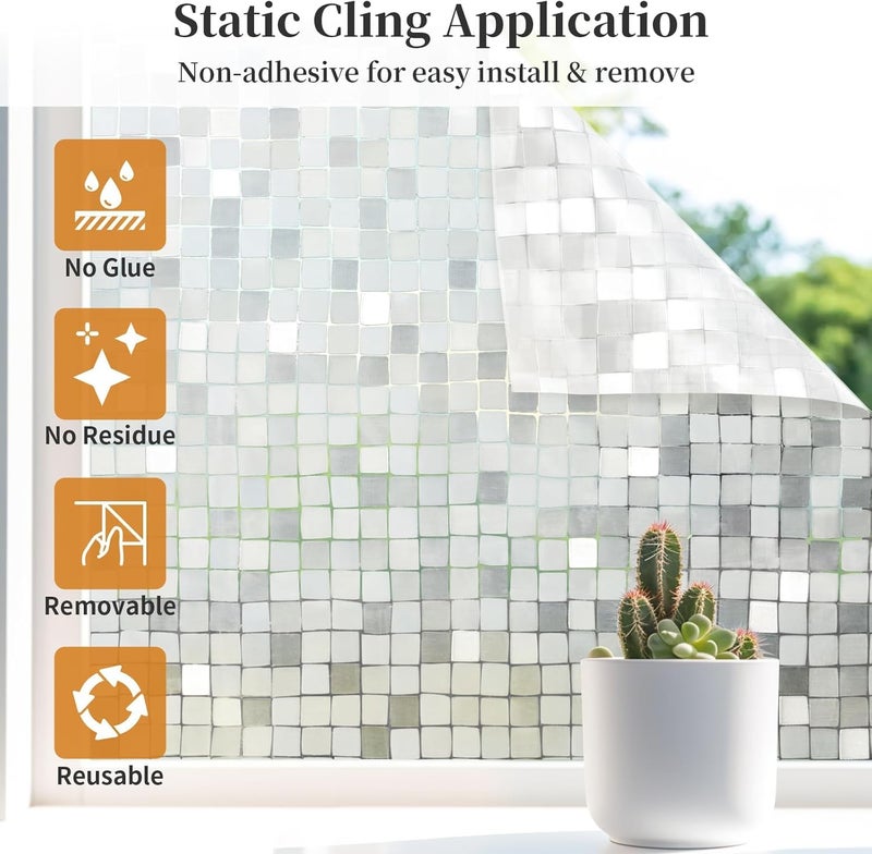 HOME13™ Frosted Glass Window Film Self Adheisve Decoartive Window Privacy Film Heat Control Static Cling Removable Vinyl Window Sticker for Home Office (24"x52" Inch, Frosted Large Mosaic) - Image 3