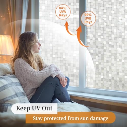 HOME13™ Frosted Glass Window Film Self Adheisve Decoartive Window Privacy Film Heat Control Static Cling Removable Vinyl Window Sticker for Home Office (24"x52" Inch, Frosted Large Mosaic) - Image 5