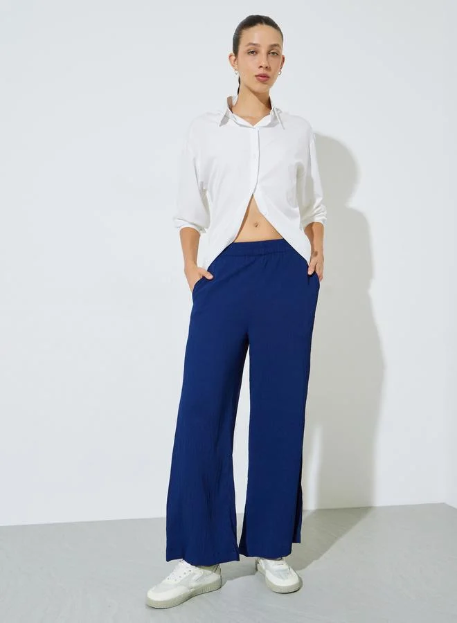 ستايلي Navy Blue Wide Leg Pants with Elastic Waist