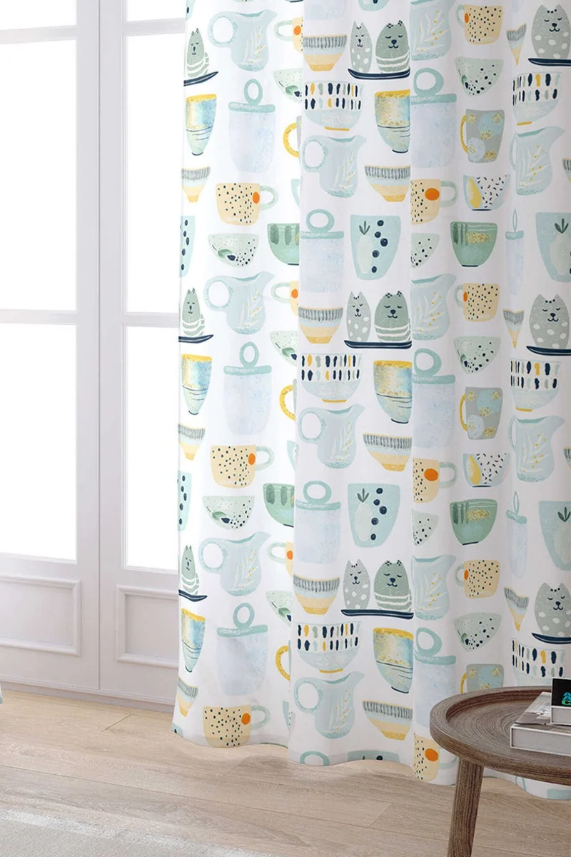 Cango Home White Green Decorative Cup Patterned Digital Printed Curtain CGH615-PR