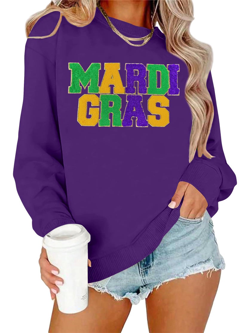 PECHAR Mardi Gras Outfit for Women: Mardi Gras Embroidery Sweatshirt New Orleans Party Carnival Long Sleeve Tees Tops - Image 1