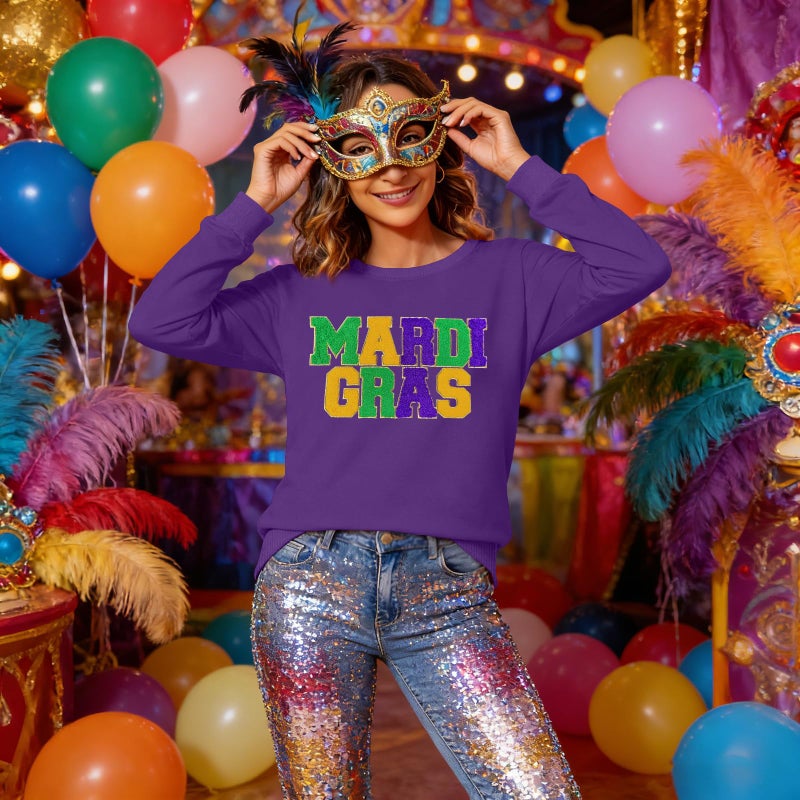PECHAR Mardi Gras Outfit for Women: Mardi Gras Embroidery Sweatshirt New Orleans Party Carnival Long Sleeve Tees Tops - Image 4