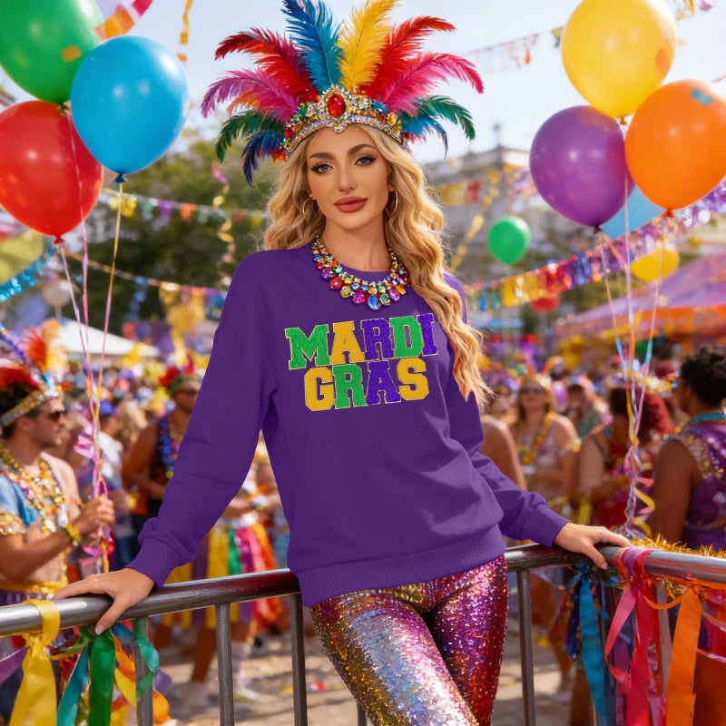 PECHAR Mardi Gras Outfit for Women: Mardi Gras Embroidery Sweatshirt New Orleans Party Carnival Long Sleeve Tees Tops - Image 5