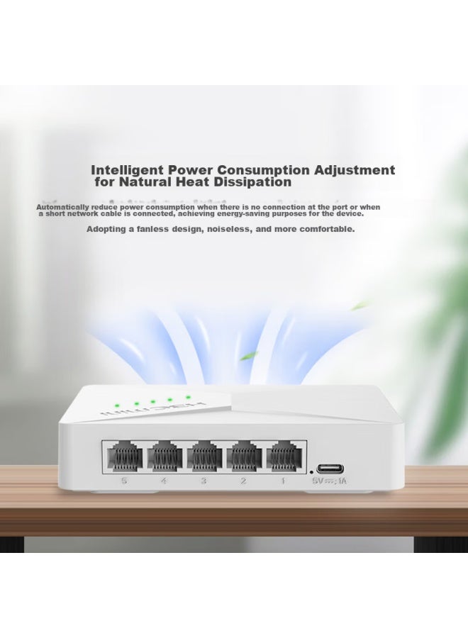 H3c 5-port Gigabit Plastic Shell Switch, Home Dormitory Surveillance Network Cable Splitter Hub Diverter, Compatible With 100mbps, S1g Type-c Version, S105-u Upgraded Version - Image 2
