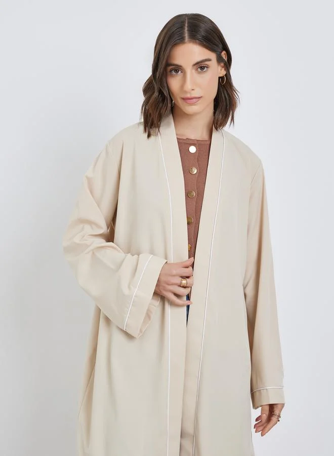 Take Two Take Two Women Beige Front Open Kimono with Pipping Detail