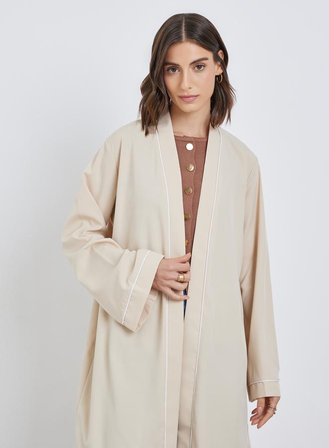 Take Two Women Beige Front Open Kimono with Pipping Detail - Image 2