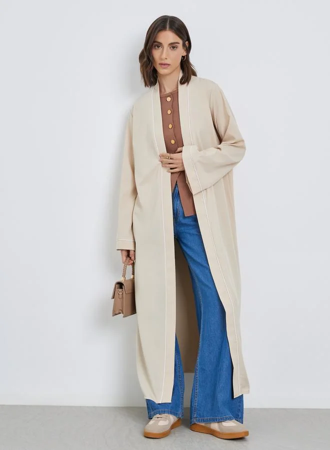 Take Two Women Beige Front Open Kimono with Pipping Detail