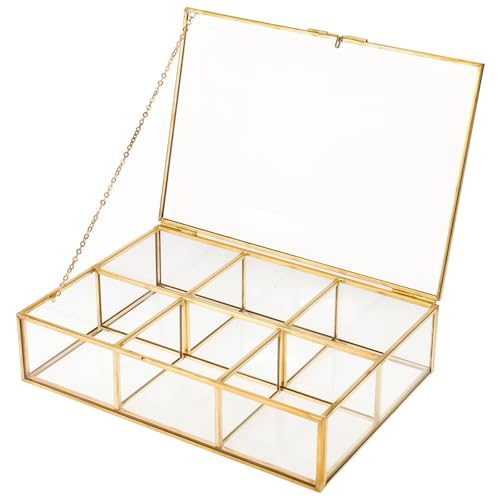 HighFree Gold Glass Tea Bag Organizer, Tea bag Storage Glass Box with Lid, Counter Top Collection Box for Tea Bags, Surgar Bags & Coffee Bags, Clear Keepsake Display Box (6 Compartments) - Image 1