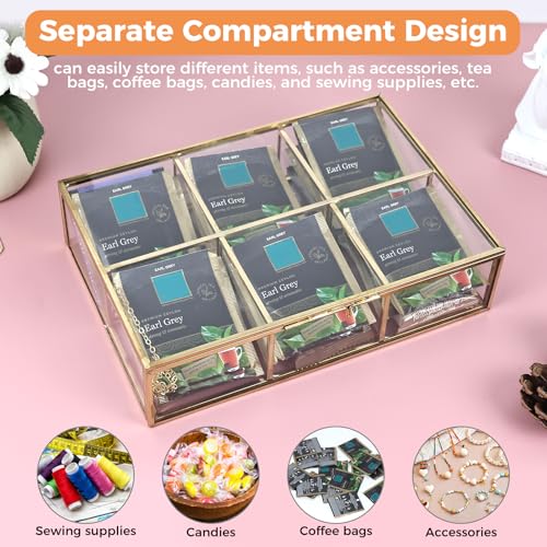HighFree Gold Glass Tea Bag Organizer, Tea bag Storage Glass Box with Lid, Counter Top Collection Box for Tea Bags, Surgar Bags & Coffee Bags, Clear Keepsake Display Box (6 Compartments) - Image 3