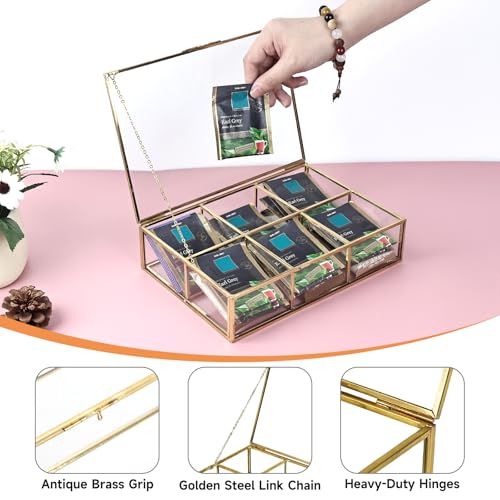HighFree Gold Glass Tea Bag Organizer, Tea bag Storage Glass Box with Lid, Counter Top Collection Box for Tea Bags, Surgar Bags & Coffee Bags, Clear Keepsake Display Box (6 Compartments) - Image 4