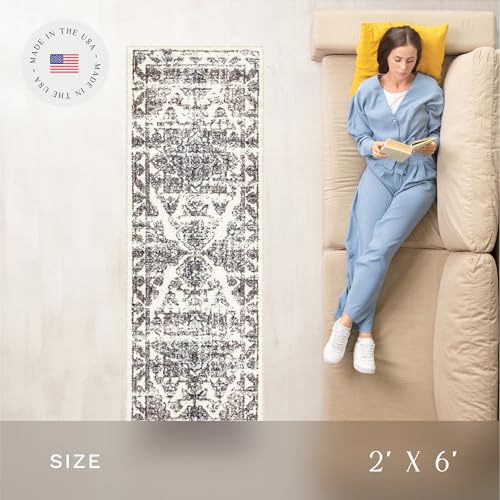 Maples Rugs Distressed Tapestry Vintage Non Slip Runner Rug for Hallway Entry Way Floor Carpet [Made in USA], 2 x 6, Neutral - Image 3