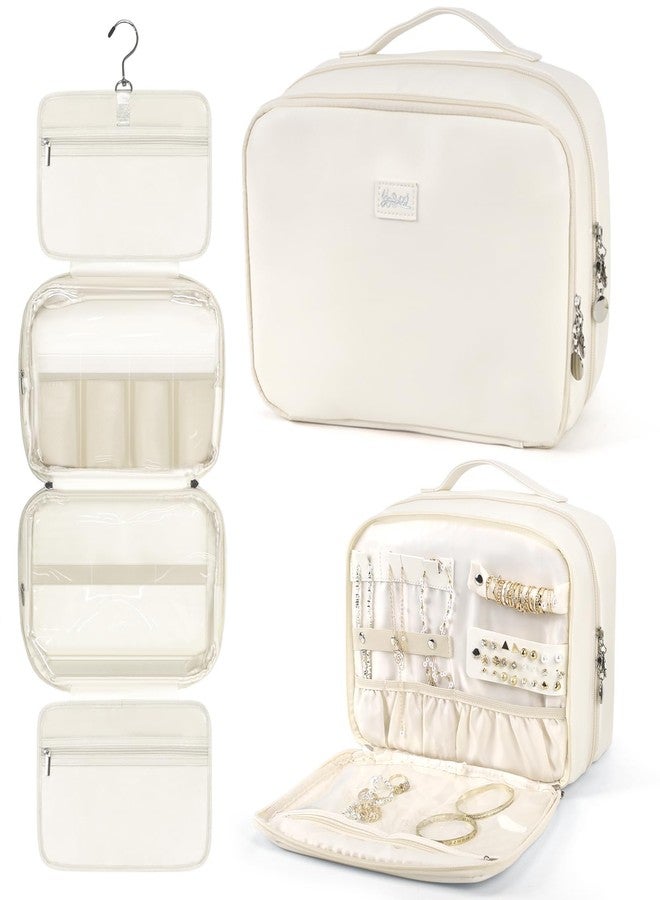 YOPCDJ PU Leather Waterproof Travel Toiletry Bag with Jewelry Organizer, Hanging Travel Bag for Toiletries,Cosmetic Bags for Women Toiletries Organizer with 4 Compartments Portable Travel Essentials - Image 1