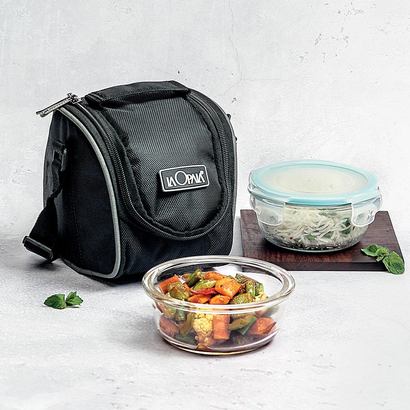 La Opala Cook Serve Store 100% Borosilicate Glass Vertical Lunch Box with Bag | Set of 2, 400 ml Each, Round | with Leak Proof Snap Lid | Tiffin for Office & College | Microwave Proof | Transparent - Image 5