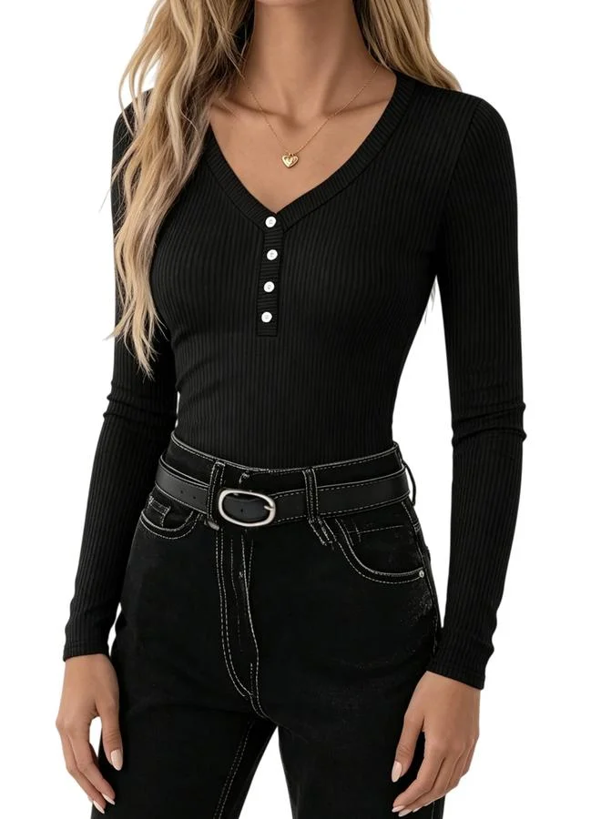 Take Two Black Ribbed V-Neck Long Sleeve Top
