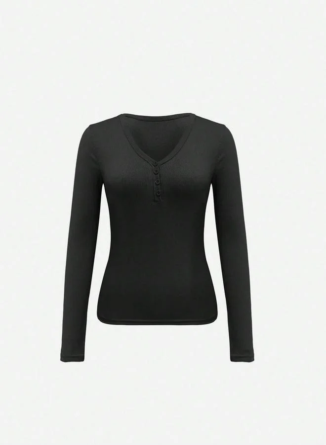 Take Two Black Ribbed V-Neck Long Sleeve Top