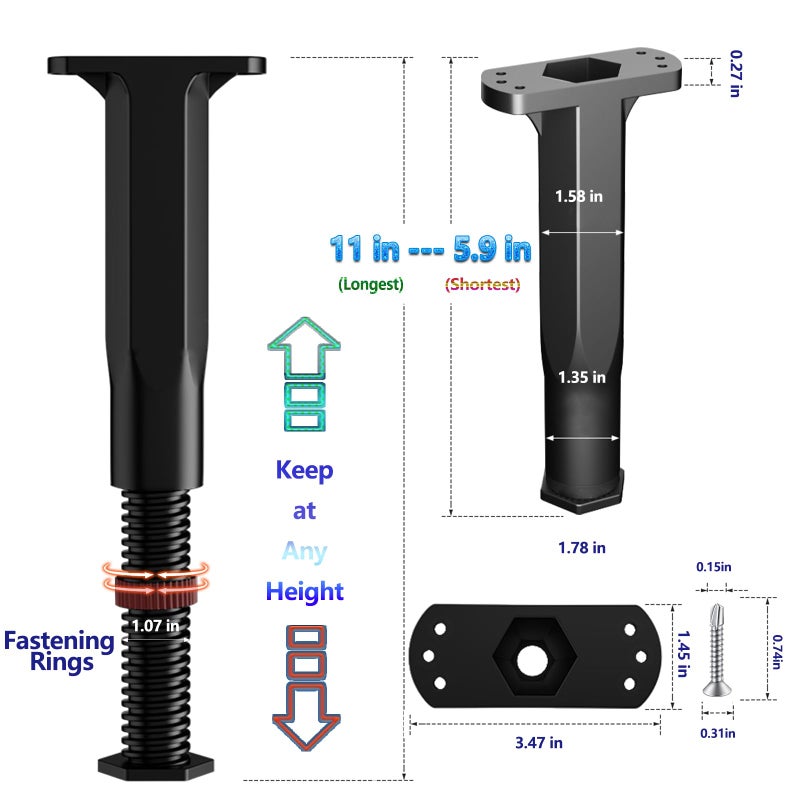 FafdBinm 4PC Bed Support Legs,Adjustable Height 5.9-11 inches,Black - Image 5
