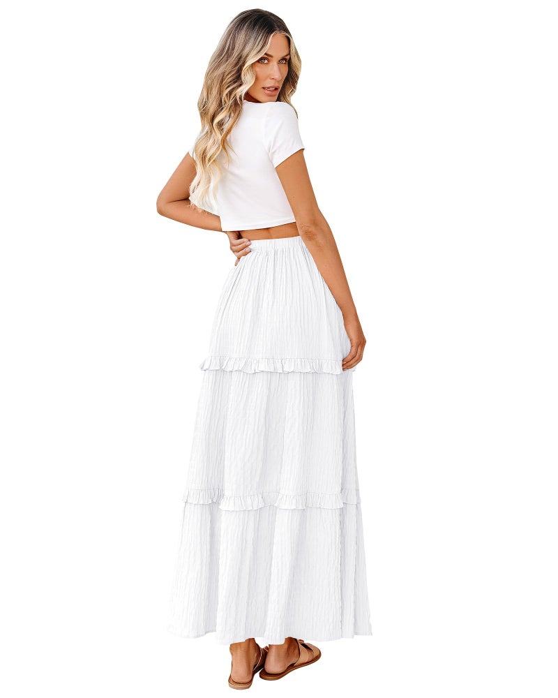BTFBM Women's Long Summer Skirt 2025 Elegant High Waist Cocktail Party Wedding Guest Dress Flared A-Line Midi Skirts(White,Small) - Image 2