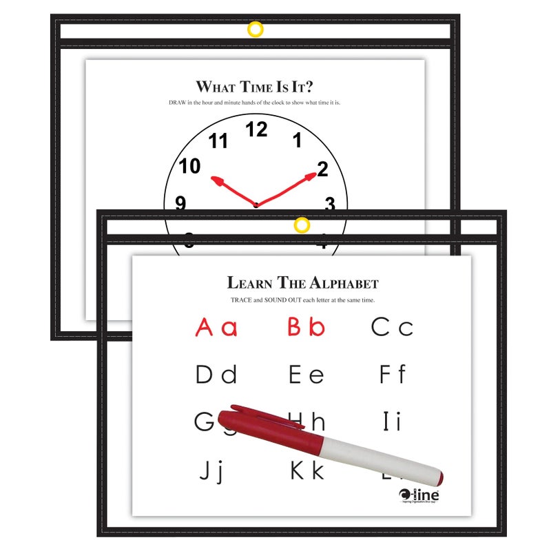 CLine Reusable Dry Erase Pockets Horizontal Open on Long Side 9 x 12 Inches 30 per Box Black 4071130