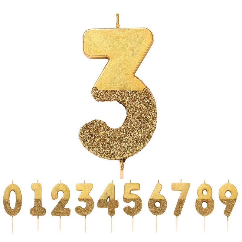 Talking Tables Gold Glitter Number 3 Candle-Premium Quality Cake Topper Decoration Pretty, Sparkly For Kids, Adults, 30th Birthday Party, Anniversary, Milestone, Height 8cm, 3" - Image 1