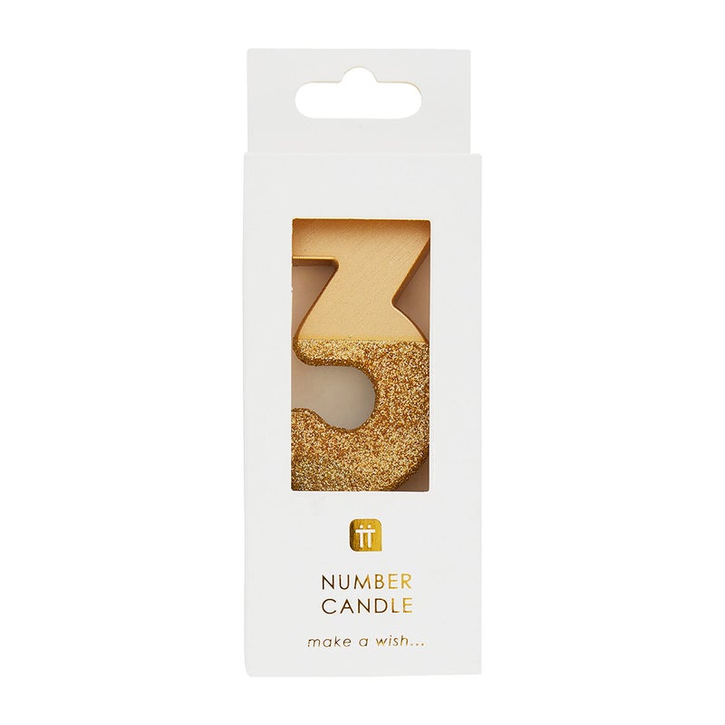 Talking Tables Gold Glitter Number 3 Candle-Premium Quality Cake Topper Decoration Pretty, Sparkly For Kids, Adults, 30th Birthday Party, Anniversary, Milestone, Height 8cm, 3" - Image 2