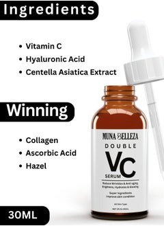 Muna Belleza Double Vitamin C Face Serum - Hyaluronic Acid & Collagen, Anti-Aging, Brightening, Moisturizing, Reduces Wrinkles, Suitable for All Skin Types, 30mL  - Image 5