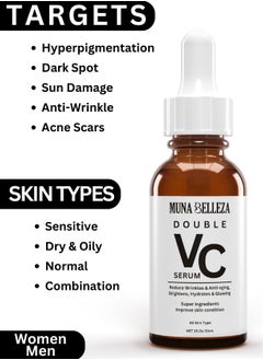 Muna Belleza Double Vitamin C Face Serum - Hyaluronic Acid & Collagen, Anti-Aging, Brightening, Moisturizing, Reduces Wrinkles, Suitable for All Skin Types, 30mL  - Image 4