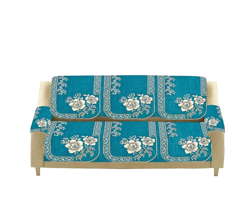 Dazzling DECOR Velvet Sofa Cover with Arm Cover and Cushion Covers Set of 5 Seater Sofa Covers 3 Seater and 2 Seater Full Cover Set for Couch Seat Heavy Fabric Sofa Slip Protector 201_Aqua - Image 4