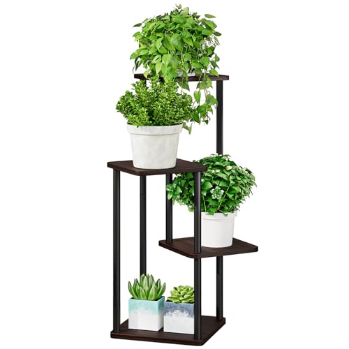 AZERPIAN Plant Stand 4 Tier Indoor Metal Flower Shelf for Multiple Plants Corner Tall Flower Holders for Patio Garden Living Room Balcony Bedroom, Black oak - Image 1
