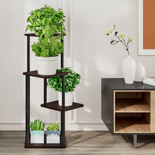 AZERPIAN Plant Stand 4 Tier Indoor Metal Flower Shelf for Multiple Plants Corner Tall Flower Holders for Patio Garden Living Room Balcony Bedroom, Black oak - Image 3